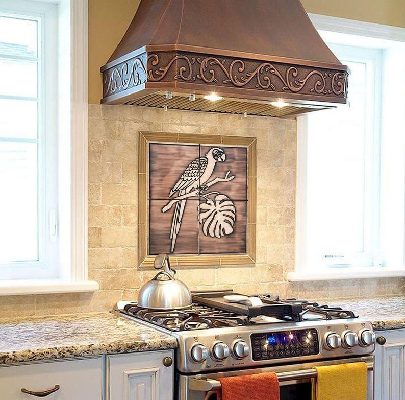 Cute parrot on a branch - copper tiles