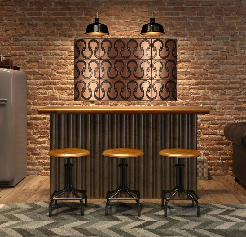 mosaic tile backsplash with horseshoe pattern